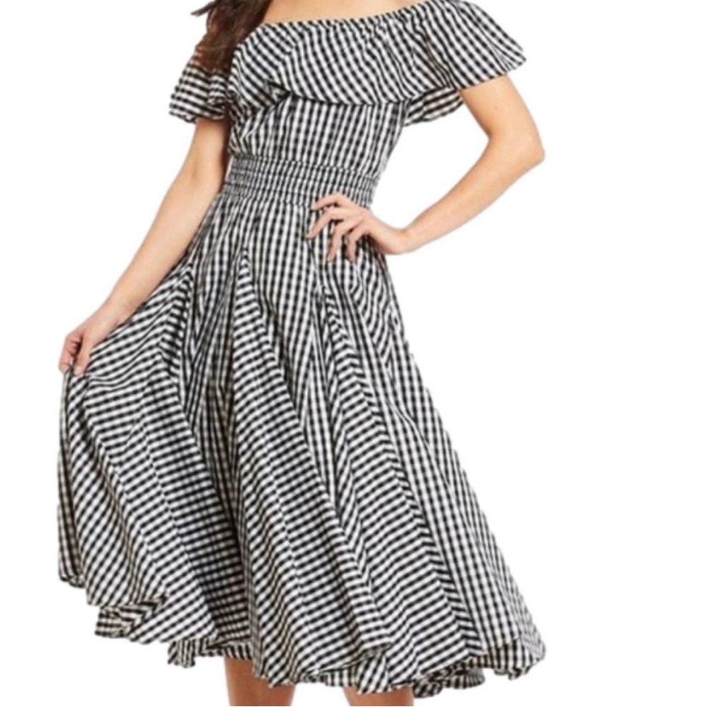 Off Shoulder Black Gringham Peasant Midi Dress Size Large Chelsea and Theodore